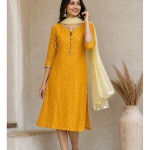 Indya Yellow Kurta Dress S Gold Print w/ Dupatta Lined India Boho